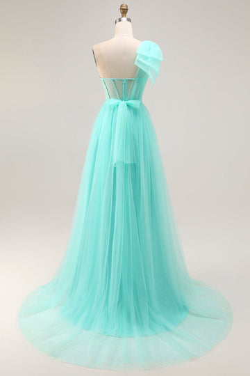 Mint Green A Line One Shoulder Corset Long Prom Dress With Slit
